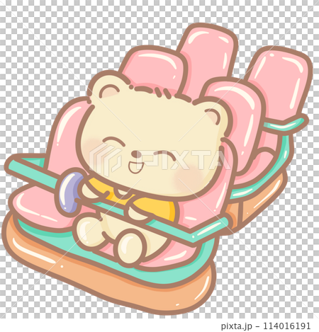 Handdrawn illustration Cute kawaii yellow teddy bear on a roller coaster train clipart fun amusement park pastel color greeting card birthday invitation 114016191