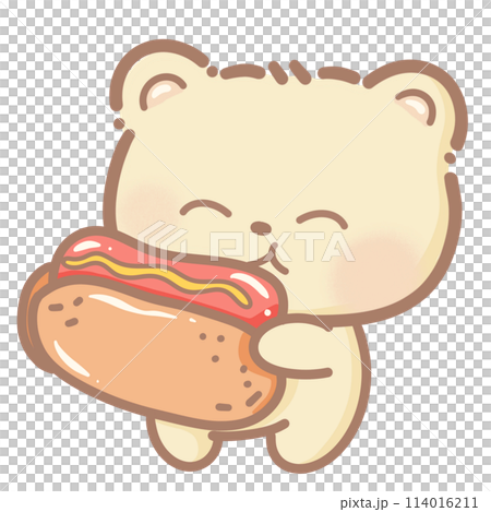 Handdrawn illustration Cute kawaii yellow teddy bear eating a hotdog clipart fun amusement park pastel color greeting card birthday invitation 114016211