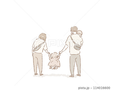 小さい子供をだっこする男性、子供（女の子）と手を繋いだ女性、親子の後ろ姿（父親と母親、子供二人）、 114016600