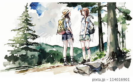 山にハイキングに来ている仲の良い若い女友達：水彩画