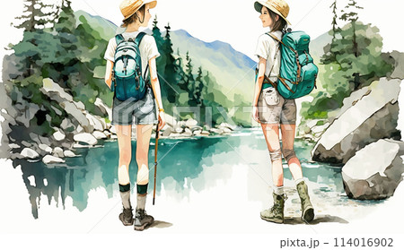 山にハイキングに来ている仲の良い若い女友達：水彩画