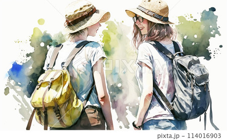 山にハイキングに来ている仲の良い若い女友達：水彩画