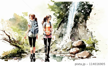 山にハイキングに来ている仲の良い若い女友達：水彩画
