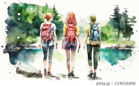 山にハイキングに来ている仲の良い若い女友達：水彩画