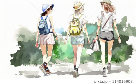 山にハイキングに来ている仲の良い若い女友達：水彩画