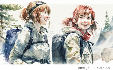 山にハイキングに来ている仲の良い若い女友達：水彩画