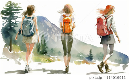 山にハイキングに来ている仲の良い若い女友達：水彩画