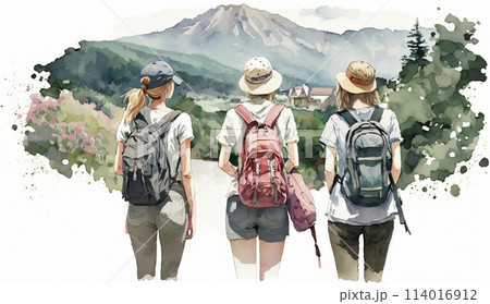 山にハイキングに来ている仲の良い若い女友達：水彩画