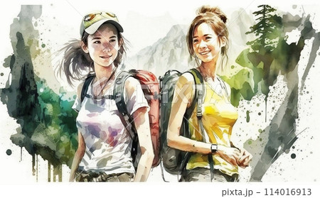 山にハイキングに来ている仲の良い若い女友達：水彩画