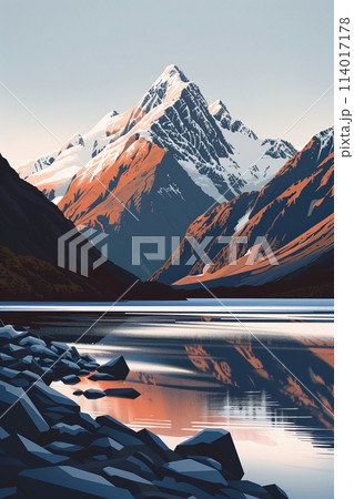 A mountain landscape rendered in simple vectors, focusing on form and space 114017178