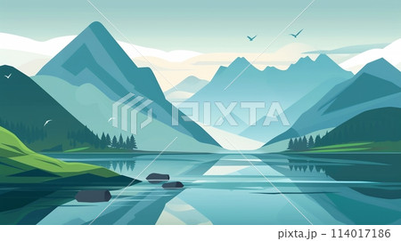 Clean lines and simple shapes depict a peaceful mountain and lake landscape in vector style 114017186
