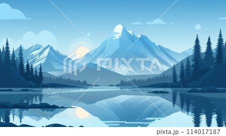 Clean lines and simple shapes depict a peaceful mountain and lake landscape in vector style Clean lines and simple shapes depict a peaceful mountain and lake landscape in vector style 114017187