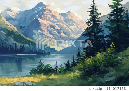 Modern and serene, this mountain landscape uses soft colors to create a peaceful, stylish scene 114017188