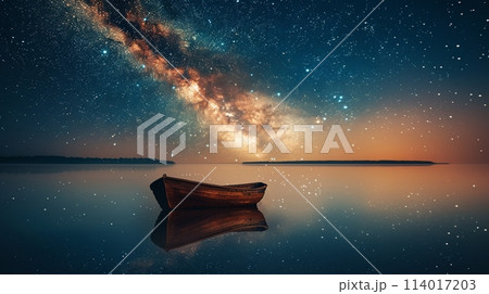 Under the starfilled sky, a small boat rests quietly on the mirrorlike surface of a calm lake 114017203