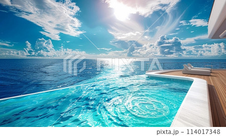 A stunning pool deck on a cruise ship, with sweeping ocean views under a radiant sky A stunning pool deck on a cruise ship, with sweeping ocean views under a radiant sky 114017348