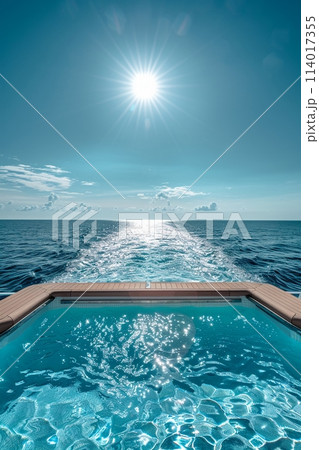Beautiful cruise ship pool glimmers under the sun, inviting relaxation on the open sea Beautiful cruise ship pool glimmers under the sun, inviting relaxation on the open sea 114017355