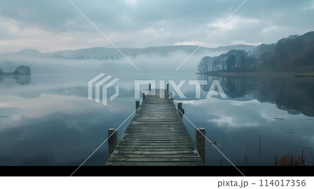 Calm lake mirrors the sky, with a wooden pier leading towards distant, misty mountains Calm lake mirrors the sky, with a wooden pier leading towards distant, misty mountains 114017356
