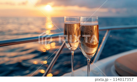 Champagne glasses clink aboard a luxury yacht, serene ocean waters stretching into the horizon Champagne glasses clink aboard a luxury yacht, serene ocean waters stretching into the horizon 114017357