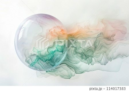 Soft pastel watercolors blend around a translucent float, set against a pristine white backdrop Soft pastel watercolors blend around a translucent float, set against a pristine white backdrop 114017383