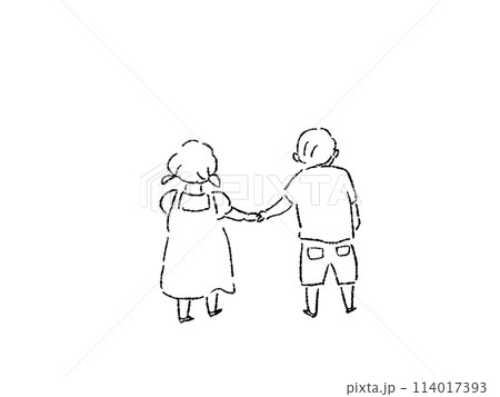 手を繋いだ小さい女の子と男の子、兄弟、友達、子供の後ろ姿、背中、線画 114017393