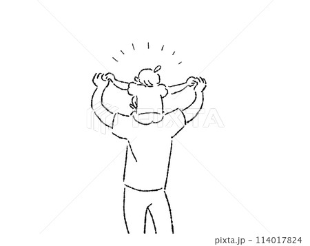 小さい女の子を肩車する男性の後ろ姿、背中（子供と父親、家族、親子）線画 114017824