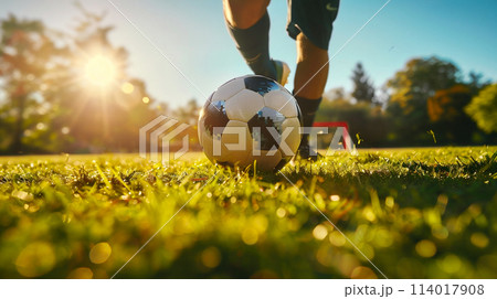 ドリブルをするサッカー選手の足元 114017908