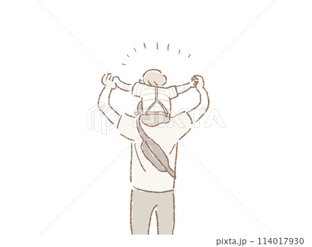 小さい男の子を肩車する男性の後ろ姿、背中（子供と父親、家族、親子） 114017930