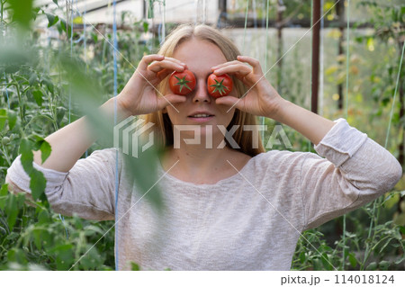 Happy blonde woman holding red tomatoes over eyes in hothouse. Female farmer having fun in green garden while harvesting seasonal organic ripe vegetables 114018124