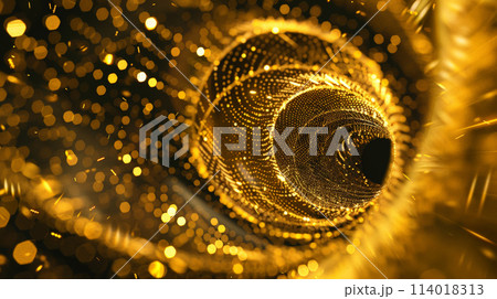 Gilded Pathways: Abstract Tunnel of Digital Particles. Generative AI	 114018313