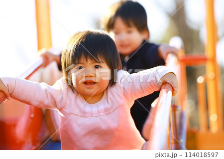 すべり台で遊ぶ子供たち すべり台で遊ぶ子供たち 114018597