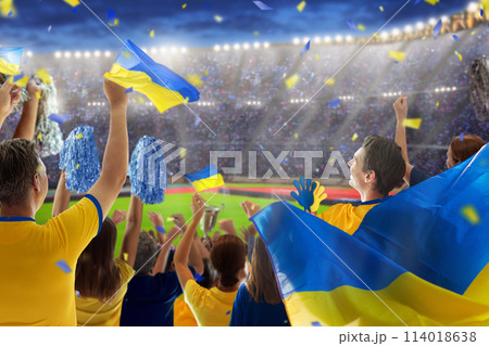 Ukraine football team supporter on stadium. 114018638