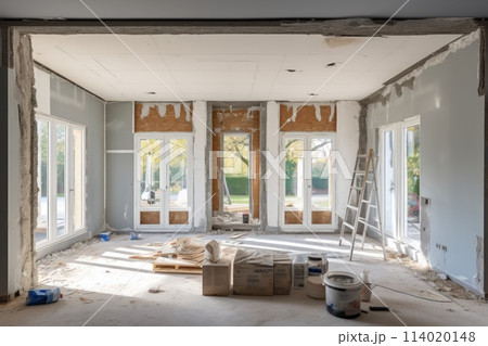 Renovation and modernization with flattened drywall walls in a condo room. Generative AI. 114020148