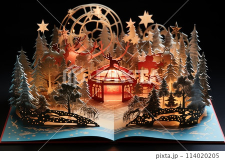 3D Popup Magic Christmas Wonders on book. Generative AI 3D Popup Magic Christmas Wonders on book. Generative AI 114020205