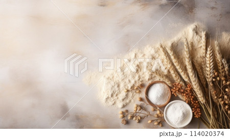 Layout for bread flour ingredients food photography texture banner detailed. Generative AI Layout for bread flour ingredients food photography texture banner detailed. Generative AI 114020374