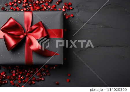 Black Friday Gift wrapped in black paper with red bow on dark background. Generative AI 114020399