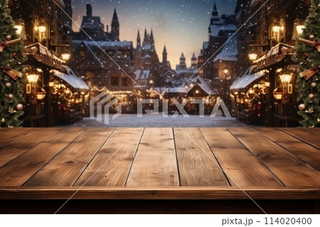 Wooden table, empty space with illuminated Christmas town square in vintage style. Generative AI 114020400