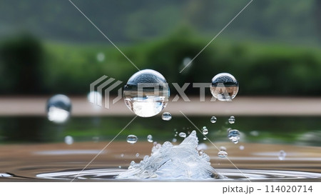 水面に落ちる雫のスローモーション/雫の美しさと輝き 114020714