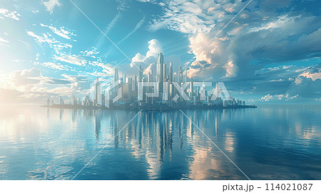 海上の都市景観 青と白のトーンのイラスト素材 [114021087] - PIXTA