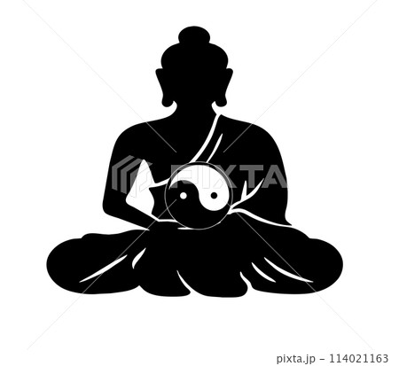 Symbol of yin and yang with an illustrator of Buddha in black and white; 114021163