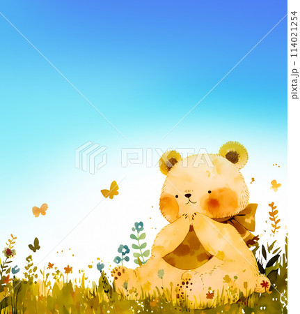 野原でくつろぐかわいいクマのキャラクター 114021254