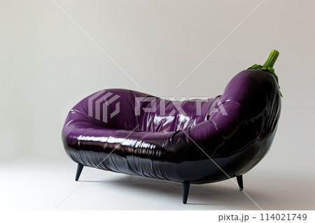 sofa chair made of a eggplant , the seat is shaped like one piece of purple and dark black skin eggplant with a green stem surrealistic forniture surreal 114021749