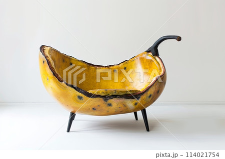 sofa chair made of a passionfruit, the seat is shaped like one piece of skin passion fruit with a black stem 114021754