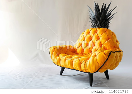 sofa chair made of an pineapple, the seat is shaped like one piece of red skin apple with a black stem 114021755