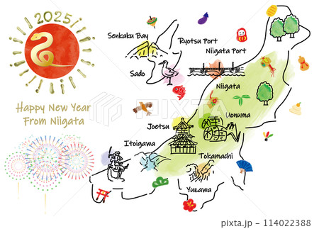 新潟県の観光地のイラストマップ年賀状2025年 新潟県の観光地のイラストマップ年賀状2025年 114022388