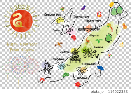 新潟県の観光地のイラストマップ年賀状2025年 新潟県の観光地のイラストマップ年賀状2025年 114022388
