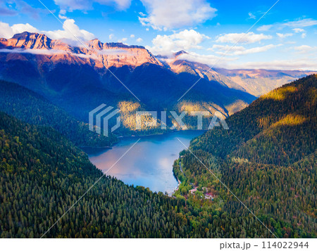 Lake Ritsa aerial panoramic view, Abkhazia 114022944