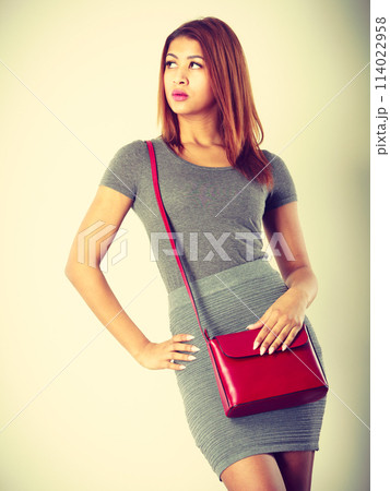 Mulatto girl gray wear with red handbag 114022958