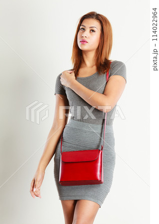 Mulatto girl gray wear with red handbag 114022964