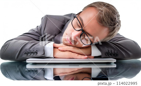Overworked Office Worker Wearing Glasses Asleep on a Laptop Computer - Generative Ai 114022995