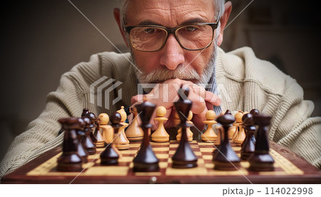 Pensive Male Chess Player Wearing Glasses Thinking About Game Strategy - Generative Ai 114022998